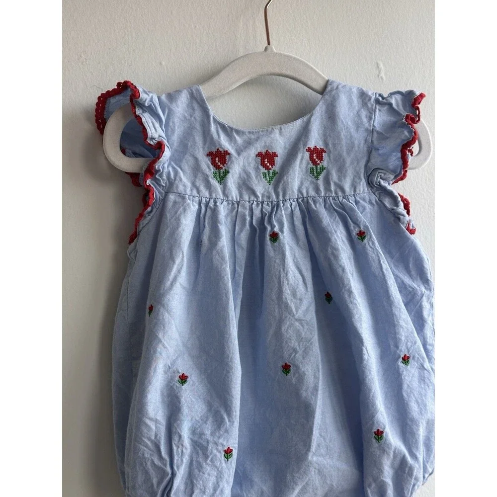 100% Cotton 24M Blue Floral Embroidered Romper Woven Sleeveless Ruffle Button